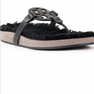 Tory Burch Black Miller Cloud Shearling Leather Sandal size 7